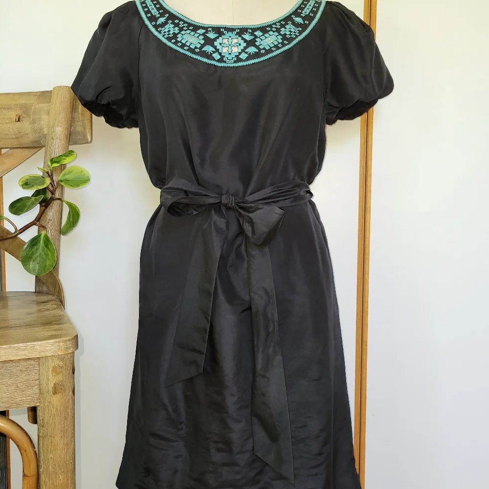 Tory Burch Lottie Black Silk Embroidered Belted Shift Dress 6